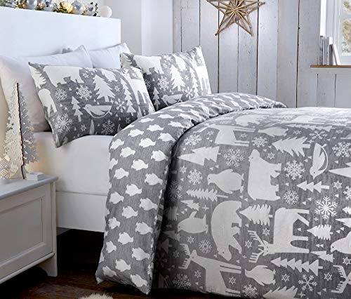Fusion Christmas - Arctic Animals - 100% Brushed Cotton Duvet Cover Set - Double Bed Size - Grey Bedding