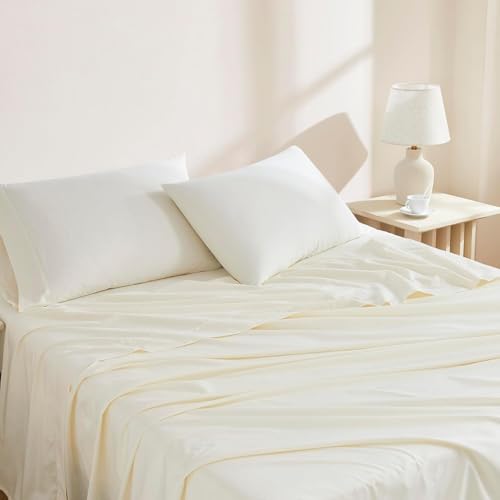Linen Closet Luxury Cotton 144 Thread Count Organic Cotton 4-Piece Sheet Set, Queen, Fresh Ivory
