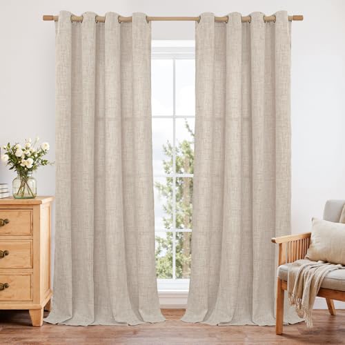 YoungsTex Curtains 90 Inch Length, Linen Light Filtering Drapes Grommet - Natural Beige Light Filtering Window Treatments for Bedroom Farmhouse Living Room Privacy, 2 Panels, 52 X 90 Inch