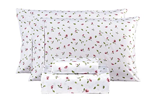 Mooreeke Queen Sheets Set - 4 Pieces Soft Breathable Microfiber Bed Sheet Set - Pink Flower Green Leaf Pattern Sheet Set - Deep Pocket Non-Slip Floral Printed Fitted Sheet Included for All Season