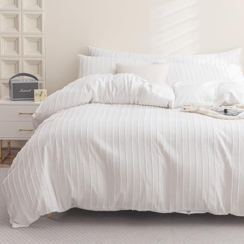 JELLYMONI Bright White Duvet Cover Full Size Bedding - 3PCS Microfiber Tufted Duvet Cover Set, Boho Striped Tufted Textured Duvet Cover with Corner Ties & Zipper Closure