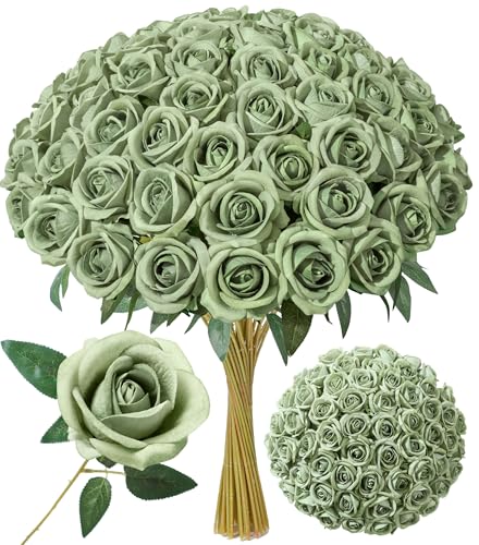 INSPRING 50 PCS Green Roses Artificial Flowers with Long Stems - Real Looking, Fake Roses, Silk Flowers, DIY Bouquet, Wedding Party Celebration Home Bridal Decoration Gift, for Her Wife