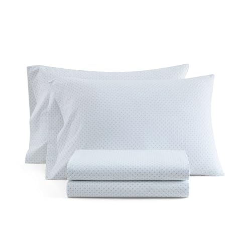 Martha Stewart - Twin Size Sheets Set, Crisp & Tailored Cooling Sheets with a Naturally Smooth Cotton Percale Lightweight Feel - Bed Sheets with Matching Pillowcase & Fitted Sheet (Polka Dot Blue)