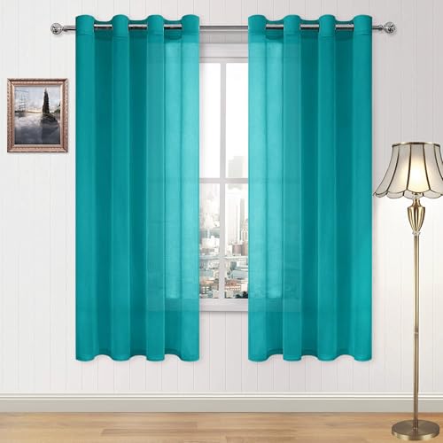 DWCN Turquoise Faux Linen Sheer Curtains - Grommet Voile Window Curtain Drapes for Bedroom Living Room 52 x 72 inches Long, Set of 2