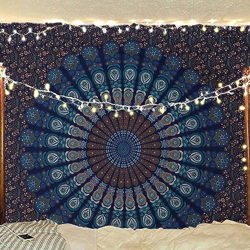 Bless International Indian hippie Bohemian Psychedelic Peacock Mandala Wall hanging Bedding Tapestry (Blue Green, 264.16L X 223.52W cm)