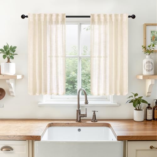 YoungsTex Linen Kitchen Window Curtains 40 Inch Length - Small Semi Sheer Drapes with Back Tab Rod Pocket Lightweight for Bathroom Cafe Window, Chamapgne, 2 Panels, 34 X 40 Inch