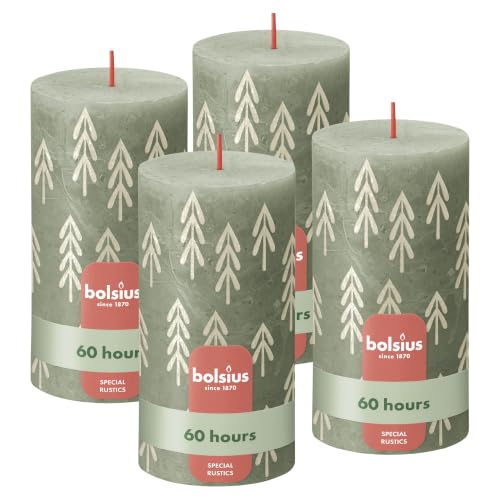 Bolsius Rustic Pillar Candles Silhouette - Green with Print - Pack of 4-13 x 7 cm - Long Burning Time 60 hours - Household Candle - Includes Natural Vegan Wax - Without Palm Oil - Christmas Decoration