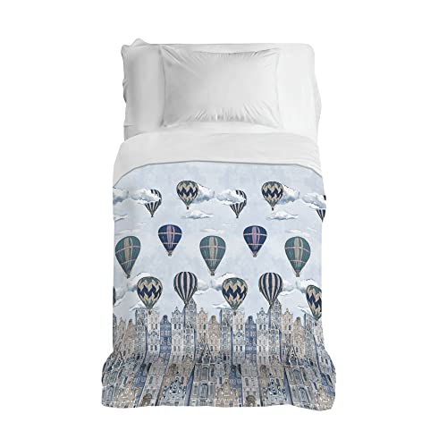 PENSIERI DELICATI Bedspread 220 x 280 cm, Single Sheet 100% Cotton Pique, Ideal as a Furniture Cover, 1 and a Half Bed Blanket, Blue Flying Pattern, 100% Made in Italy