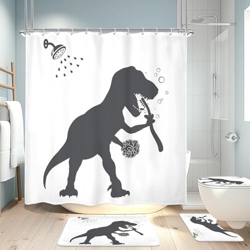 Dinosaur Funny Animal Dino Kids 4Pcs Bathroom Shower Curtain Set with Rugs - 71Wx71H Silhouette Shadow HD printed shower curtain and rugs, quick-dry fabric, hooks for easy setup