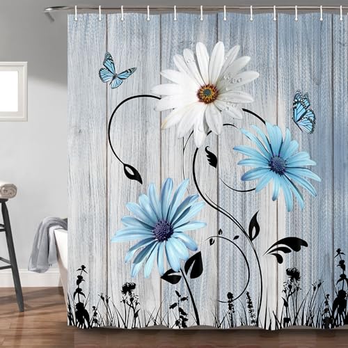 Bzhilja Rustic Farmhouse Floral Shower Curtain, Farm Teal Daisy Floral Butterfly Old Plank Rustic Shower Curtain, Turquoise Blue Fabric Bathroom Accessory Set with Hooks, 69 x 70,Blue