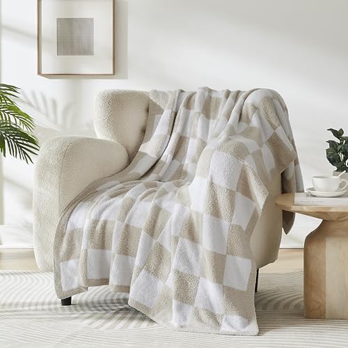 "R.SHARE Beige Checkered Throw Blanket, Cream Microfiber Soft Cozy Lightweight Fluffy Warm Throw Blankets for Couch Sofa Chair Bed 50""x70"""