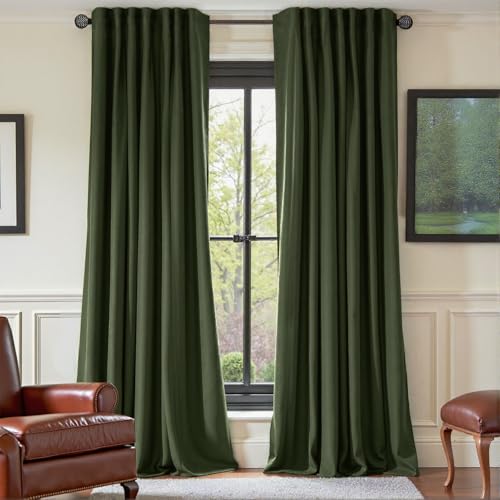 Nemia Olive Green Velvet Curtains Thermal Insulated Blackout Curtain for Bedroom Window Living Room Darkening Luxury Vintage 92 Inches Long Heavy Drapes Panels Back Tab Set of 2