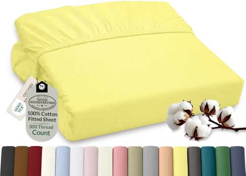 ROYALE LINENS 300 Thread Count 100% Long Staple Combed Cotton Fitted Sheet Twin XL - Super Soft Deep Pocket Bottom Sheet - Fitted Sheets Only - Elastic Sheets (Twin XL, Yellow)