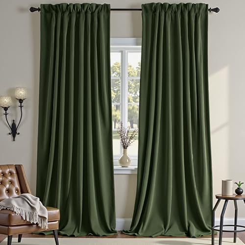 Nemia Olive Green Velvet Curtains Thermal Insulated Blackout Curtain for Bedroom Window Living Room Darkening Luxury Vintage 96 Inches Long Heavy Drapes Panels Rod Pocket Set of 2