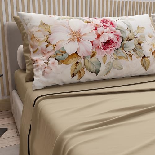 PETTI Artigiani Italiani - Cotton Sheets with Pillowcases in Digital Print, French Queen, Complete Top and Bottom Sheet with Corners, Provence Taupe, 100% Made in Italy