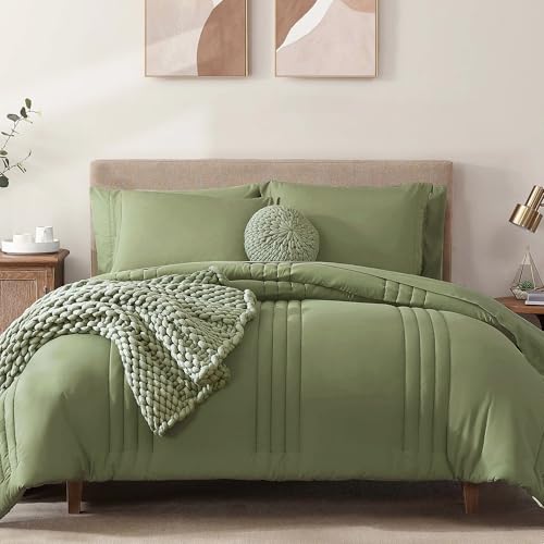 Monbix Queen Comforter Set-7 Pieces Soft Bed in a Bag Queen Bedding Sets - Monbix All-Season Vertical Quilted Comforter with Sheets, Pillow Shams & Pillowcases, Light Sage Green