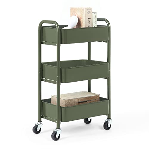 "SunnyPoint 3-Tier Delicate Compact Rolling Metal Storage Organizer - Mobile Utility Cart Kitchen/Under Desk Cart with Caster Wheels (Army, Compact (15.5"" X 26.8"" X 10.27""))"