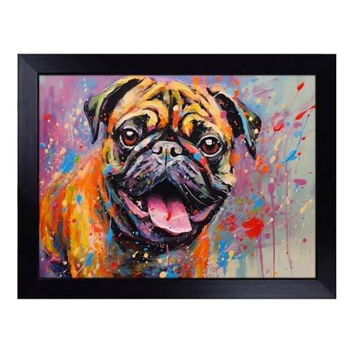 Lap Tray with Bean Bag Cushion, Pug Action - Handmade in the UK, Raised Wooden Edge, Padded Cushion, Heat-Resistant Wipe-Clean Surface, for Meals, Laptops and Crafts