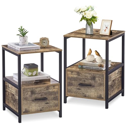 VECELO Bedside Tables Set of 2, End Side Cabinet Nightstand with Large Drawers and Storage Shelf for Bedroom Living Room