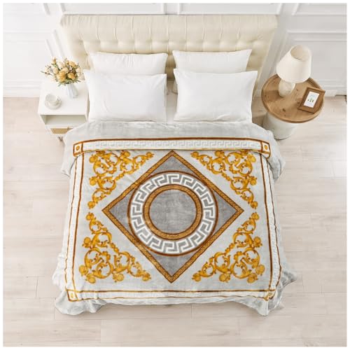 GC GAVENO CAVAILIA Sherpa Fleece Blanket (200x240 cm) - Greek Pattern Bed Throw King Size - Fluffy Throws For Bed, Sofas, Armchair - Thermal, Cosy Large Blankets and Throws Washable - Grey