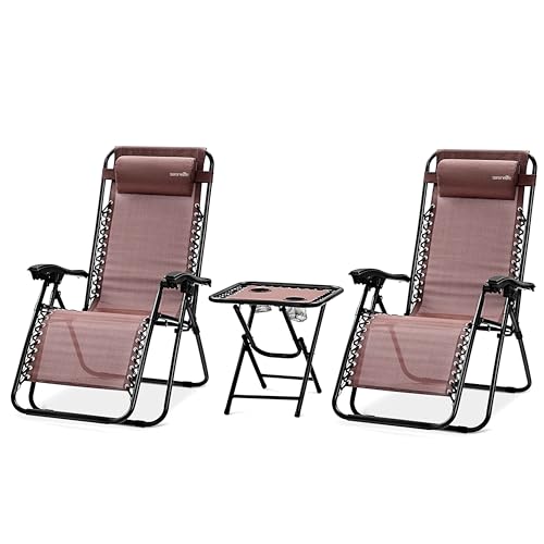 SereneLife Zero Gravity Chairs Set of 2 - Adjustable Outdoor Lounge Chairs with Side Table, Cup Holders, Removable Pillows, Folding Portable Ideal for Patio, Backyard, Poolside, Beach Camping