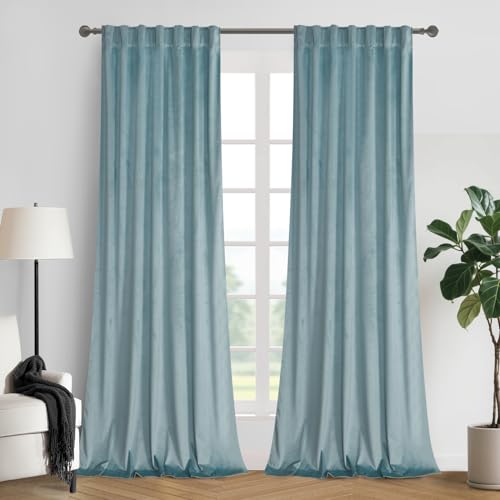 Roslynwood Luxury Soft Eggshell Blue Velvet Curtains 63 inches Long Back Tab Thermal Insulated Blackout Window Drapes for Living Room/Bedroom/Dining Room, W52 x L63, 2 Panels