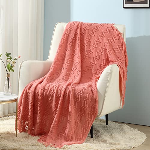 CREVENT Decorative Knitted Blanket Soft Warm Cozy Lightweight Sofa Chair Bed Blanket for Spring Summer 127 x 152 cm Salmon