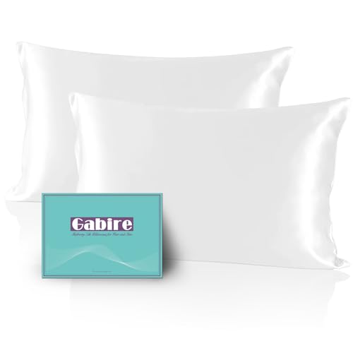"Gabire Mulberry Silk Pillow Cases Set of 2, Both Sides Real Silk Pillowcase for Hair and Skin Prevent Acne Pillowcase Organic Silk Pillowcases 2 Pack with Hidden Zipper, White, Standard (20""×26"")"