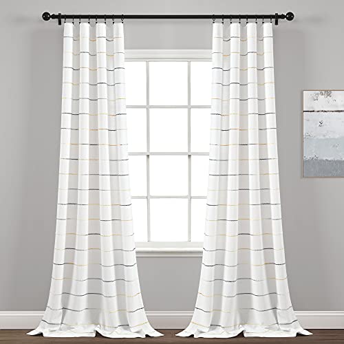 "Lush Decor Ombre Stripe Yarn Dyed Cotton Window Curtain Panel Set - Colorful Tufted Yarn Stripe Detail - 2 Window Panels - 40"" W x 95"" L, Yellow & Gray"