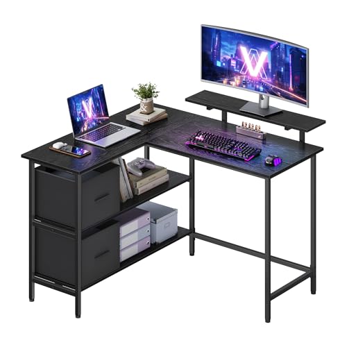 VASAGLE L-Shaped Desk with 2 Spacious Drawers, Gaming with Monitor Stand, Corner, Computer with Adjustable Storage Shelf, for Home Office, Ebony Black LWD097B56