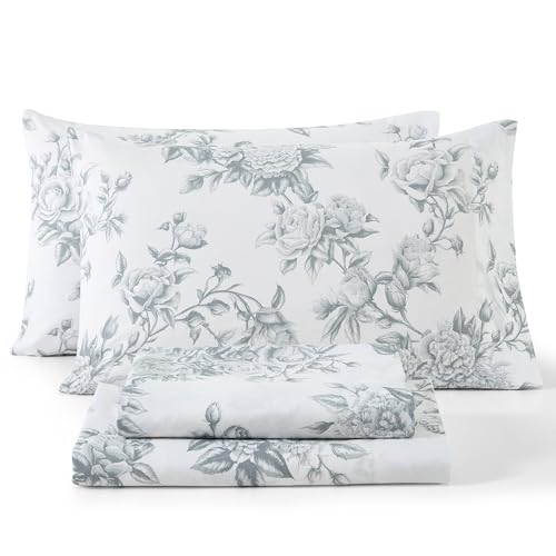 HLC.ME Rose Toile Floral Bed Sheets - 4 Piece Bed Sheet Set - Wrinkle Resistant & Ultra Soft - Fits Mattresses up to 15 Inches Deep (Queen, Grey)
