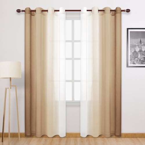 DWCN Taupe Faux Linen Ombre Sheer Curtains - Gradient Semi Voile Curtains for Bedroom and Living Room, Set of 2 Grommet Top Window Curtain Panels, 52 Wide by 90 Inches Long, Taupe