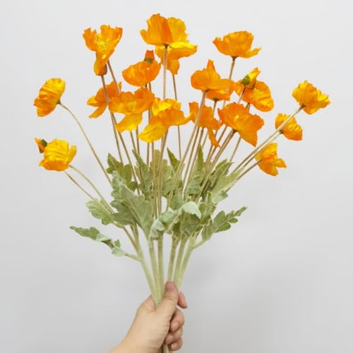 DODXIAOBEUL Poppy Flowers Artificial??? Poppy Silk Flowers with Stems???Ranunculus Artificial Flowers???Faux Flower Stems for Wedding,Party, Outdoor Indoor Decor Flower Arrangements for Table (6, Orange)