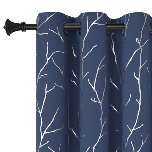BUHUA Thermal Insulated Curtains Blackout Grommet Thermal Insulated Shinny Tree Branches Print Curtain for Bedroom, Navy Blue, 38W x 72L, Set of 2 Panels