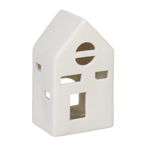 Relaxdays Tealight House Ceramic, Light Through Windows, for 1 Candle, HxWxD: 12.5 x 7 x 6 cm, Table Decoration, White