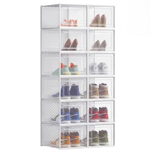 SONGMICS Pack of 12 Stackable Shoe Boxes, Foldable, Fit up to UK Size 12 - Shoe Storage Organisers, Versatile for Sneakers, Cloud White, LSP12MWT