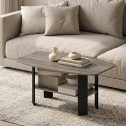 Furinno SIMPLE Coffee Table, 2-Tier Small Coffee Table wih Open Shelf, Side Table, Tabletop with Soft Edges, for Living Room, Home Office, Grey Oak