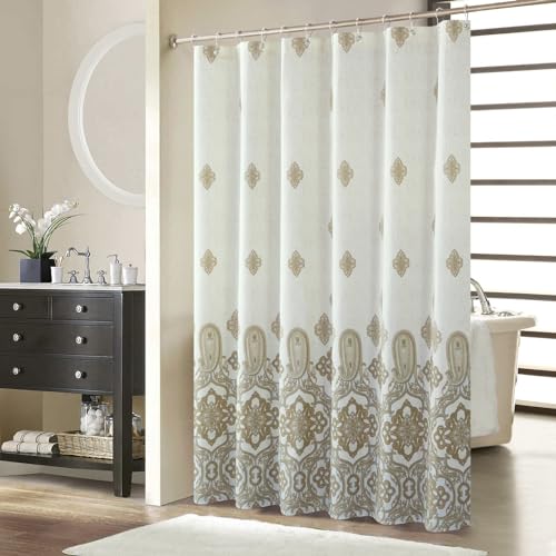 "BESTRIPES Long Fabric Shower Curtain, Beige and Tan Ombre Boho Paisley Damask Print Shower Curtains for Bathroom, Waterproof Bathroom Curtains, 72"" W x 78"" H"