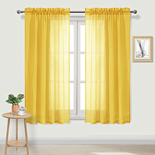DWCN Yellow Sheer Curtains Semi Transparent Voile Rod Pocket Curtains for Bedroom and Living Room, 52 x 63 inches Long, Set of 2 Panels
