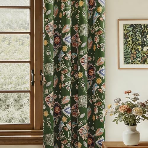 XiDi Blackout Vintage Floral Green Patterned Curtains 63 Inches Long 2 Panels for Bedroom Thermal Insulated Luxury Curtains with Botanical Leaf Printed Design Grommet Drapes Moss Green 52x63
