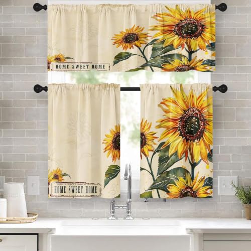 Emvency Farmhouse Sunflowers Kitchen Window Curtains Valance and Tier Set 36 Inch, Summer Floral 3 Piece Set Short Curtains for Window Treatment Tiers for Living Room Bedroom