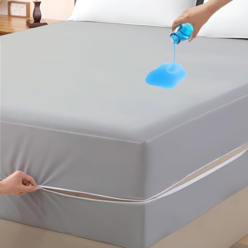Mattress Protector Twin Size 100% Waterproof Zippered Cover, 15 Inches Deep, Six-Sided Mattress Encasement for Bed, Zipper Closure Style (Light Grey)