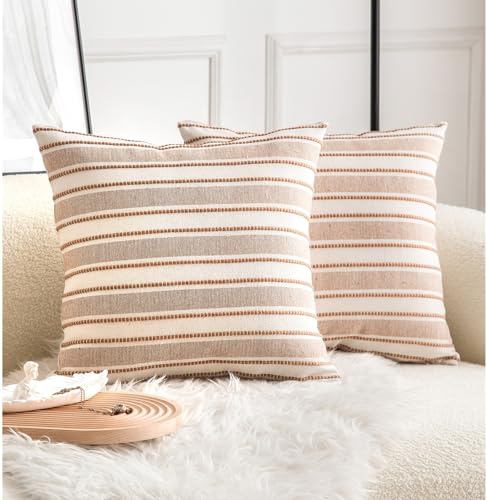 Cethom Decorative Boho Throw Pillow Covers, Farmhouse Textured Pillow Case, Living Room Accessories, 20 x 20 Inch Set of 2, Chair Sofa Bedroom Home Decor Couch Cushion Case, Brown and Beige Striped