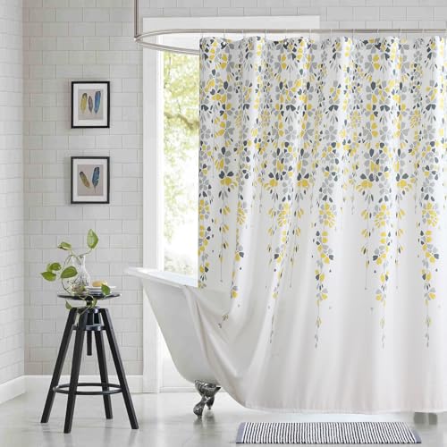 "BESTRIPES Long Fabric Shower Curtain, Yellow and Gray Floral Flower Shower Curtains for Bathroom, Waterproof Bathroom Curtains, 72"" W x 78"" H"