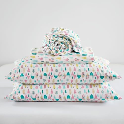 "Intelligent Design Cozy Soft 100% Cotton Flannel Sheets, Breathable Festive & Adorable Print Cotton Flannel Sheet Set, Deep Pocket Sheet Fits Up to 16"" Mattress, Full White Holiday Trees 4 Piece"