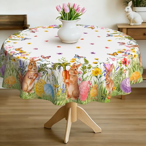 yrhsnclsdg Easter Tablecloth Bunny Tablecloths Round 60x60 Inch, Colorful Egg Table Cover Waterproof for Easter Spring Dinning Table Decorations