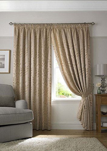 "Tivoli, Latte Lined Curtains, Trailing Leave Floral Jacquard Design, Pencil Pleat Curtain Pairs, 66"" x 90"""