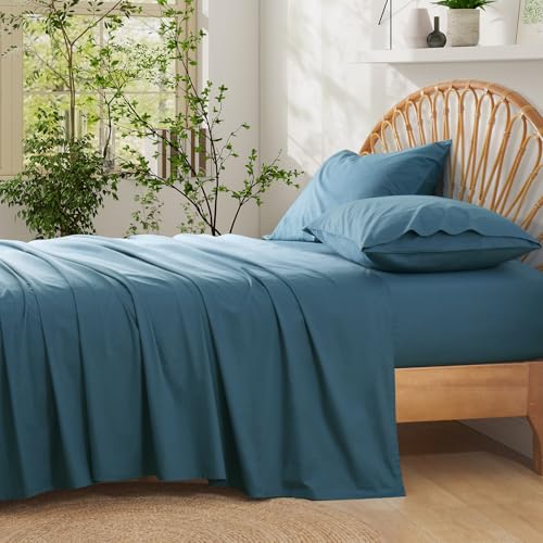 Entisn Pure Cotton Sheets Queen Size Bed Set 4 Pieces, 16 Inch Deep Pocket Solid Cotton Sheet Set with All Around Elastic for Snug Fit, All Seasons Breathable & Soft Twin Bedding, Dusty Blue