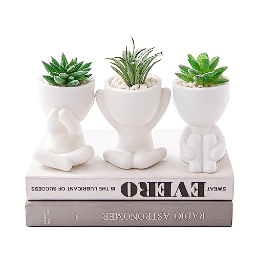HEYO-YEPY 3PCS Cute Artificial Plant Office Decor for Women and Men, Aesthetic Desk Plant Decor for Office and Home, Potted Small Fake Plants for Indoor Decoration, White Pots Green Plants