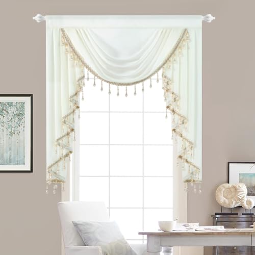 "Leeva Beige Sheer Voile Valance, Vintage Waterfall Swag with Beaded Fringe, 39"" Wide Bohemian Style Curtain for Bedroom & Living Room Windows"